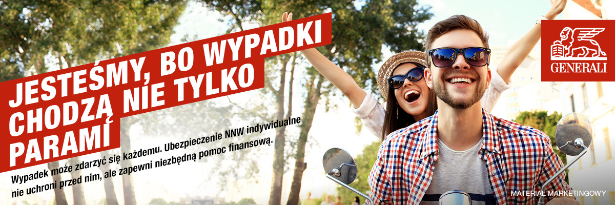Uśmiechnięci mężczyzna i kobieta jadą na rowerach na zewnątrz w słoneczny dzień; duża nakładka tekstowa promuje indywidualne ubezpieczenie wypadkowe od Generali.