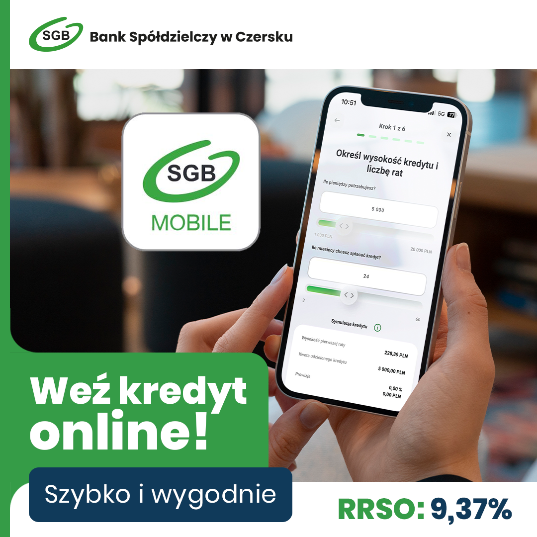 Osoba trzyma smartfon wyświetlający aplikację bankowości mobilnej SGB Mobile z opcjami kredytowymi; widoczne jest również logo SGB Bank i tekst promocyjny.