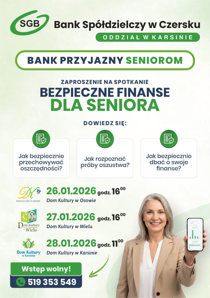 Plakat promujący wydarzenie finansowe dla seniorów organizowane przez Bank Spółdzielczy w Czersku, zawierający daty, tematy i dane kontaktowe, przedstawiający uśmiechniętą kobietę trzymającą telefon.
