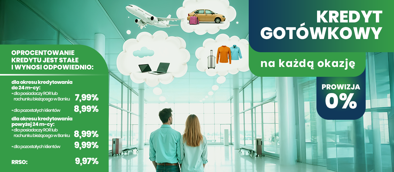 Mężczyzna i kobieta stoją w nowoczesnym, jasnym holu, patrząc na ilustrowane dymki przedstawiające samochód, dom, podróże i zakupy, z wyświetlanymi szczegółami oferty pożyczki i stopami procentowymi.