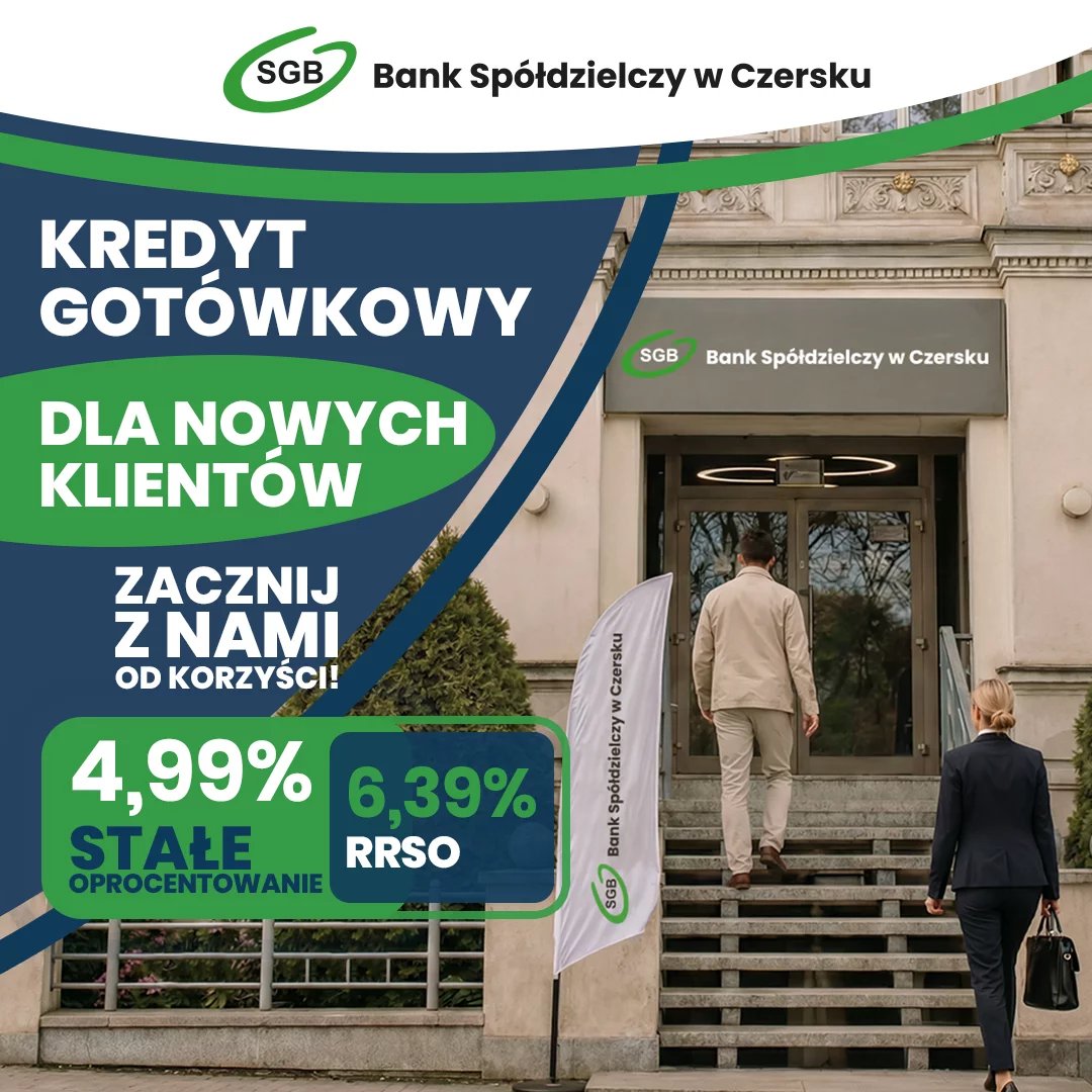 Dwie osoby idą w kierunku wejścia do Banku Spółdzielczego w Czersku, z banerami reklamującymi ofertę kredytu gotówkowego dla nowych klientów i oprocentowaniem 4,99% i 6,39%.