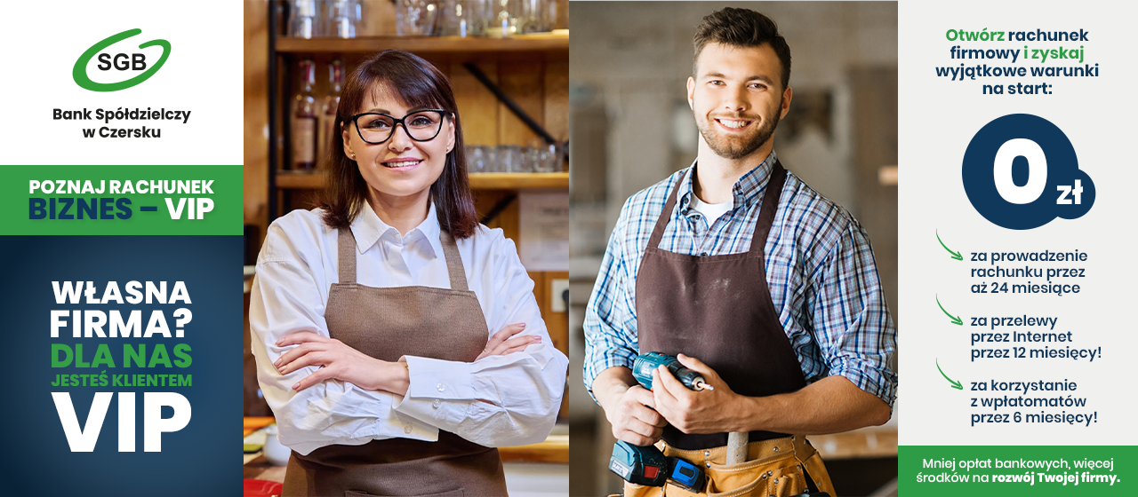 Dwóch właścicieli małych firm w fartuchach stoi uśmiechniętych w warsztacie. Obraz promuje konto firmowe banku SGB bez opłat przez 24 miesiące, z zielonym i niebieskim tekstem oraz logo banku.