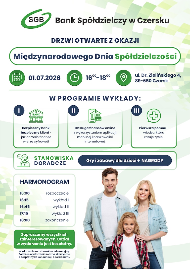 Plakat zapowiadający dzień otwarty SGB Banku Spółdzielczego w Czersku, który odbędzie się 1 lipca 2026 r., z wykładami, stoiskami doradczymi, atrakcjami dla dzieci oraz programem imprezy.