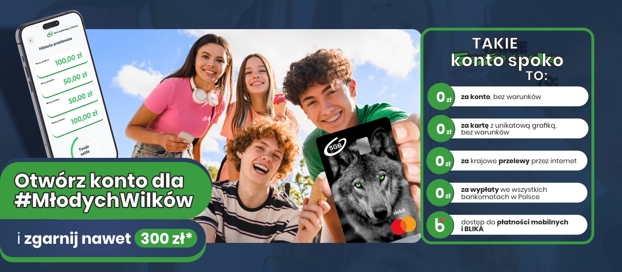 Baner reklamujący konto bankowe dla młodzieży, przedstawiający grupę uśmiechniętych nastolatków, smartfon z wyświetloną aplikacją bankową oraz listę korzyści związanych z kontem w języku polskim.