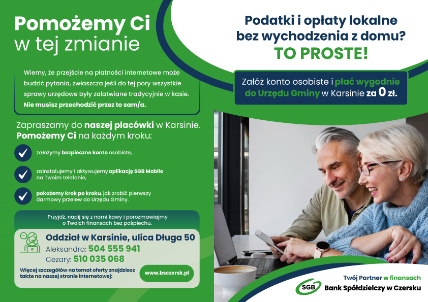 Ulotka reklamuje usługi płatności rachunków online, przedstawiając korzyści i dane kontaktowe oddziału banku w Karsinie. Po prawej stronie dwie osoby korzystają wspólnie z laptopa.