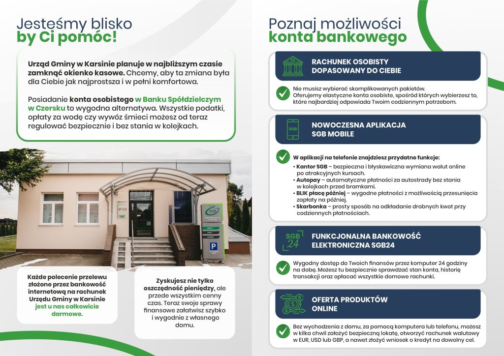Ulotka Banku Spółdzielczego w Czersku przedstawia zalety kont i oferowane usługi; zawiera zdjęcia budynku, pola wyboru oraz tekst informacyjny w języku polskim.